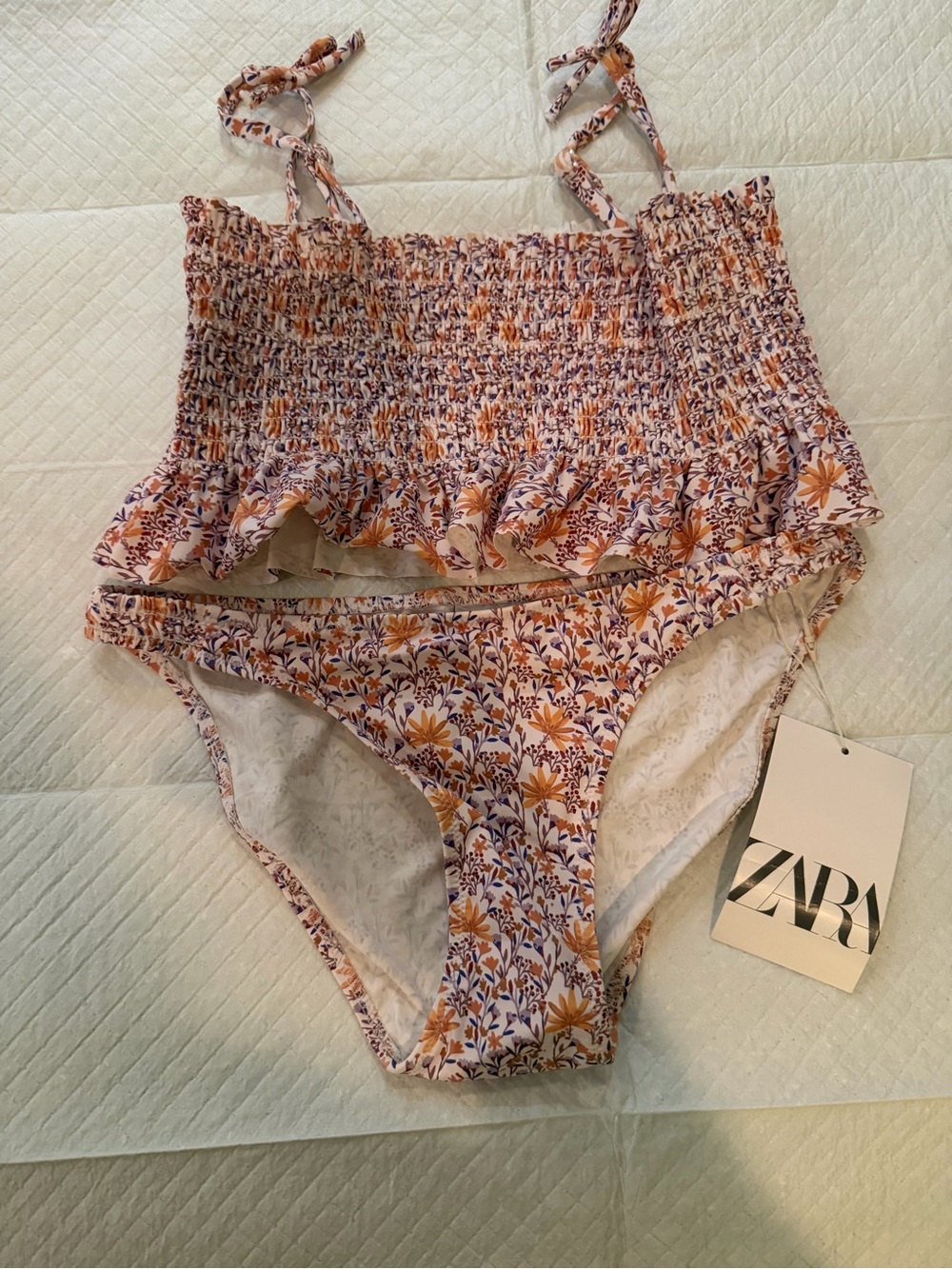 ZARA Floral Smocked Ruffle Bikini Set - White, Yellow & Purple